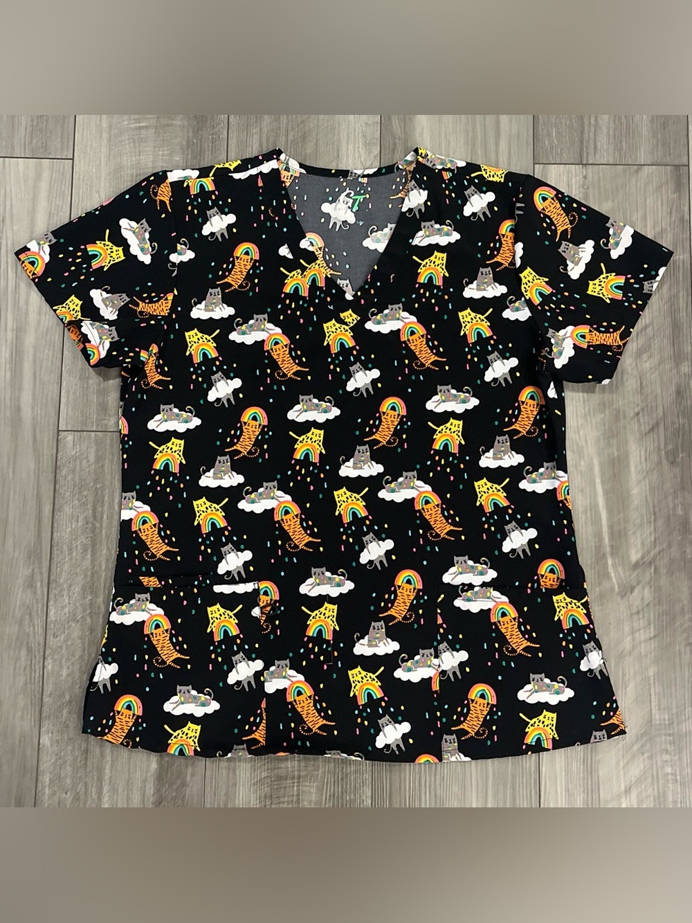 Black Short-Sleeve V-Neck Scrub Top with Colorful Rainbow & Animal Motif